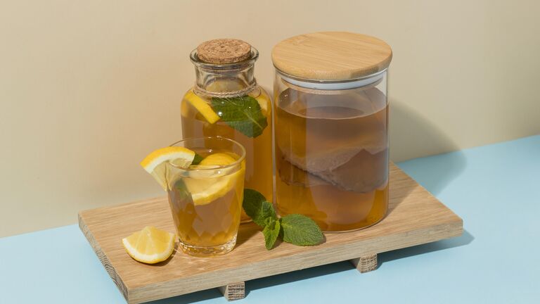 Kombucha Tee und eingelegter Teepilz