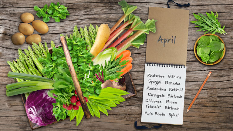 aisonobst- und Gemüse wie Rhabarber, Spargel, Radieschen, Möhren, Pastinake, Rotkohl, Bärlauch, Chicoree, Porree, Feldsalat, Rote Bete und weitere. Daneben ein Bleistift und ein Block, auf dem das Saisongemüse für April notiert ist. 