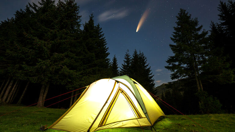 Ein hell erleuchtetes Campingzelt steht in der Nacht am Waldrand und am Himmel ist eine Sternschnuppe zu sehen
