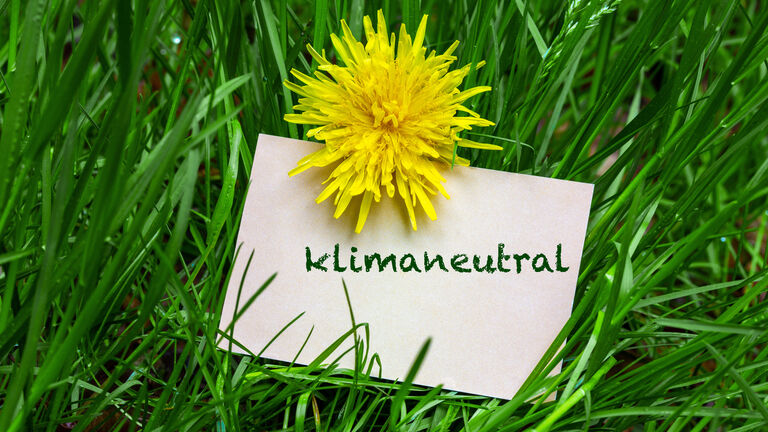 Ein Zettel mit dem Wort "Klimaneutral" liegt in einer Wiese, angelehnt an eine Löwenzahnblüte.