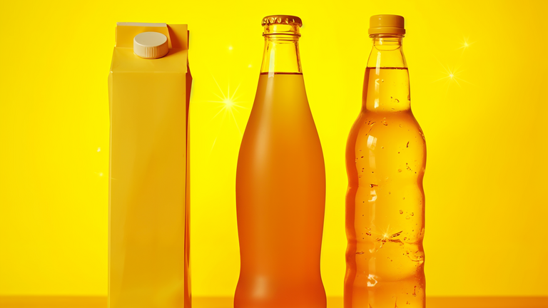 Ein Getränkekarton, eine Glasflasche und eine PET Flasche stehen nebeneinander
