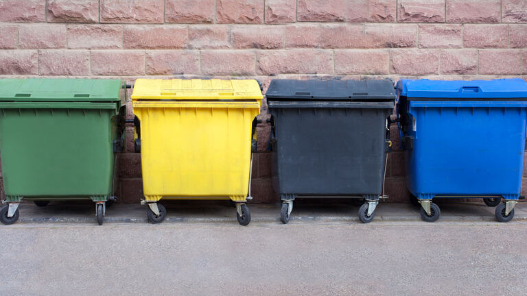 Vier große Mülltonnen vor einer Hauswand: Eine grüne Tonne, eine gelbe Tonne, eine schwarze Restmülltonne und eine blaue Wertstofftonne