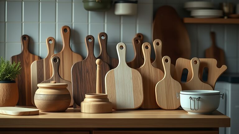 Auf einer Anrichte stehen unterschiedliche Schneiderbretter aus Holz aufgereit. Dazu ein großes und kleines Holzgefäß und ein Topf aus Keramik. Die Wand dahinter ist mit weißen Kacheln verkleidet.