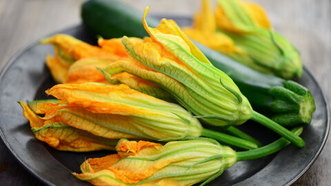 Zucchiniblüten neben einer Zucchini auf einem Teller