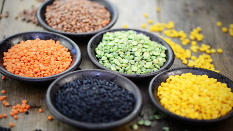Verschiedene bunte Linsensorten in dunkeln Porzellanschälchen