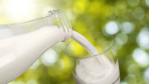 Aus einer Flasche Milch wird Milch in ein Glas gekippt