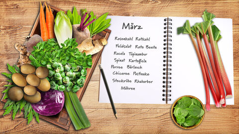 Saisonobst und -gemüse im März Saisonobst- und Gemüse wie Porree, Kartoffeln, Spinat, Rotkohl, Rhabarber, Chicoree, Rosenkohl, Bärlauch, Rote Bete, Möhren und weitere. Daneben ein Bleistift und ein Block, auf dem das Saisongemüse für März notiert ist.