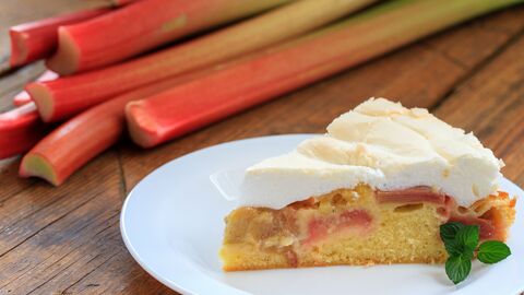 Ein Stück Rhabarberkuchen mit Baiserhaube auf weißem Teller und einige Rhabarberstängel liegen daneben