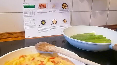 Gnocchi-Pfanne - Zweiter Schritt der Zubereitung: Zutaten in der Pfanne auf dem Herd. Daneben liegt ein Holzlöffel. Im Hintergrund steht eine Schale mit dem noch zuzufügenden Spargel und die Rezeptkarte.