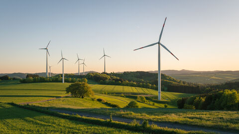 Windkraftanlagen auf Feldern und zwischen Waldstücken im Sonnenaufgang