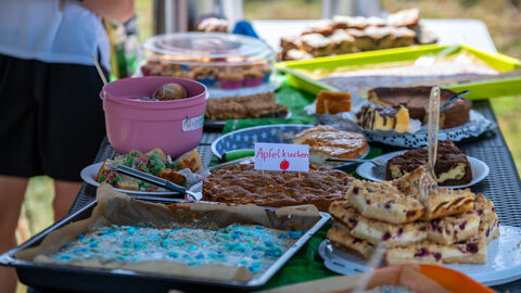 Ein Kuchenbufett mit einer unterschiedlichen Kuchenauswahl aufgebaut. Daneben sieht man den Unterkörper einen Frau stehen.