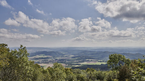 Hinter den Baumwipfeln im Vordergrund öffnet sich der Blick auf eine weite Landschaft im Geo-Naturpark Frau-Holle-Land 