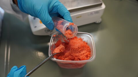 Aus den Probenschalen wird in das Probenröhrchen eine Teilprobe von Erdbeermasse gefüllt Aus den Probenschalen wird in das Probenröhrchen eine Teilprobe von Erdbeermasse gefüllt