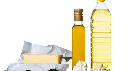 Fette und Öle Eine Ölflasche aus Plastik, eine Ölflasche aus Glas, eine geöffnete Butter und zwei Schälchen mit Mayonnaise