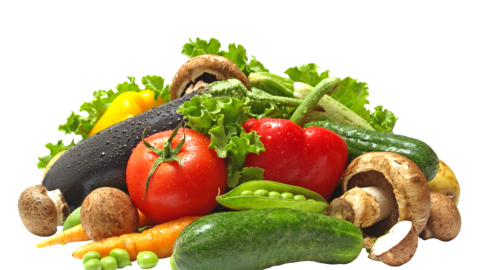 Gemüse und Salat Verschiedene Gemüsesorten  und Pilze auf einer Stelle drapiert, zum Beipsiel Zucchini, Tomate, Champignons, Salat, Möhren und Erbsen