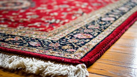 Ein Ausschnitt auf eine Ecke Perserteppich auf Dielenboden