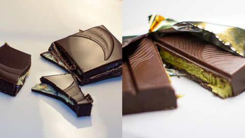 Dubai-Schokolade vs. Schokolade mit Pistazie, nebeneinander auf zwei Bildern. Beide Schokoladen sind angeschnitten.