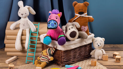 Unterschiedliche Stofftiere in einem Korb gestellt oder auf Büchern sitzend. Davor liegen farbige oder mit Buchstabe versehene Bausteine. Ein Stofftier hält eine kleine Leite vor sich.