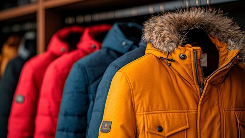 Mehrere Winterjacken, die gelbe hat einen Pelzkragen