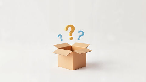 Mysterybox Ein geöffneter Karton, darüber mehrere Fragezeichen