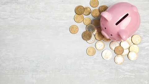 Rechts oben im Bild sieht man ein rosa Keramik-Sparschwein von oben. Um das Schwein herum liegen Ein-Euro-, Zwei-Euro- und 50-Cent-Münzen.