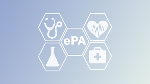 ePA Eine grafische Darstellung aus 5 Sechsecken. Im mittleren Sechseck steht: "ePA". In den jeweils 2 Sechsecken links und rechts davon sind Icons zu sehen, die auf Medizin, Untersuchung, Herzgesundheit und medizinische Notfallversorgung hinweisen sollen.