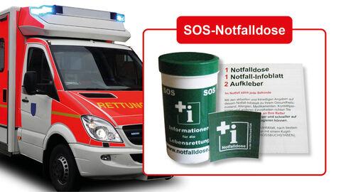 Collage aus Rettungswagen, Notfalldose, Aufkleber und Infoblatt