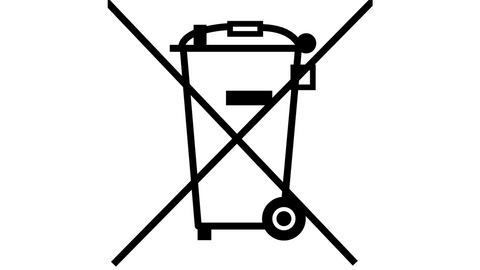 Logo "Nicht über den Hausmüll entsorgen". Eine mit einem X durchgestrichene Mülltonnen aus seitlicher Ansicht.