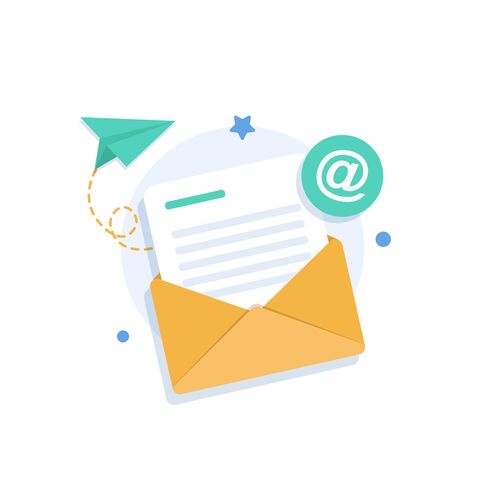 Newsletter Grafik: Brief schaut aus Briefumschlag heraus. Daneben das @-Zeichen und eine geschwungene Linie, an deren Ende eine Papierflieger ist.