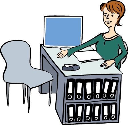 Diese Frau arbeitet auf einem Amt. Bei ihr kann man Sachen beantragen.